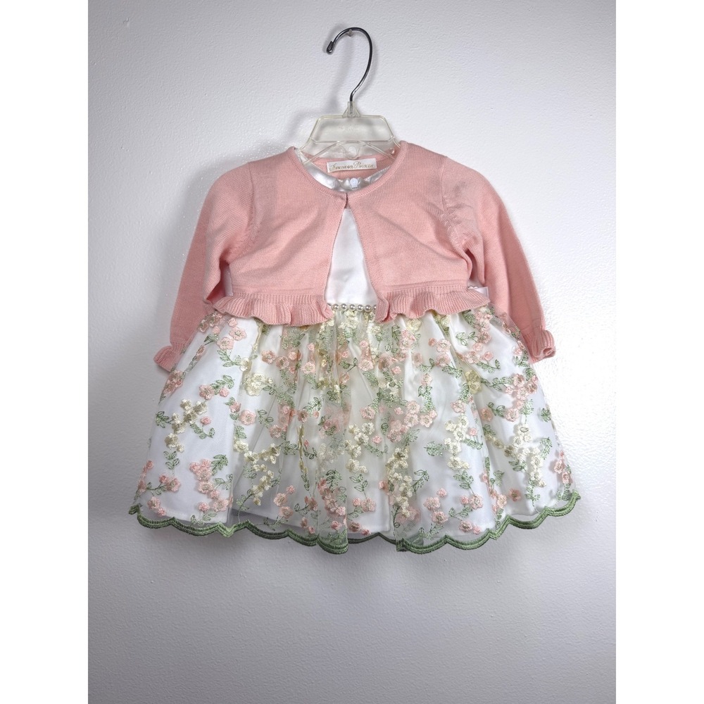 American Princess Dress Set Baby Size 12M Peach Multi Floral Embroidered - Picture 2 of 9